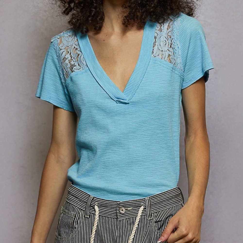POL Turquoise Lace-Shoulder V-Neck Short Sleeve Tee NWT